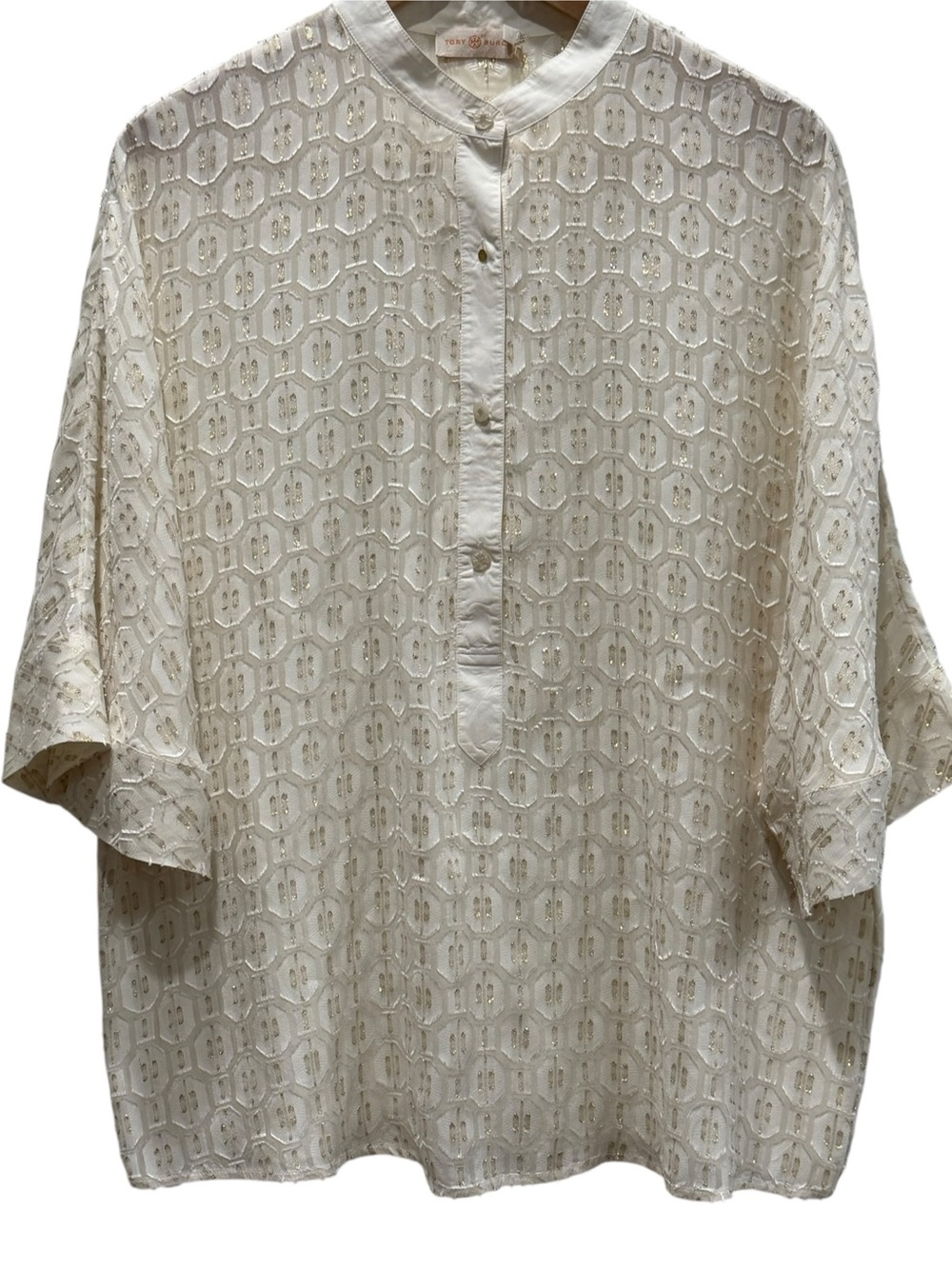 Tory Burch 2000s Vintage Metallic Jacquard Geometric Blouse Top Size 8